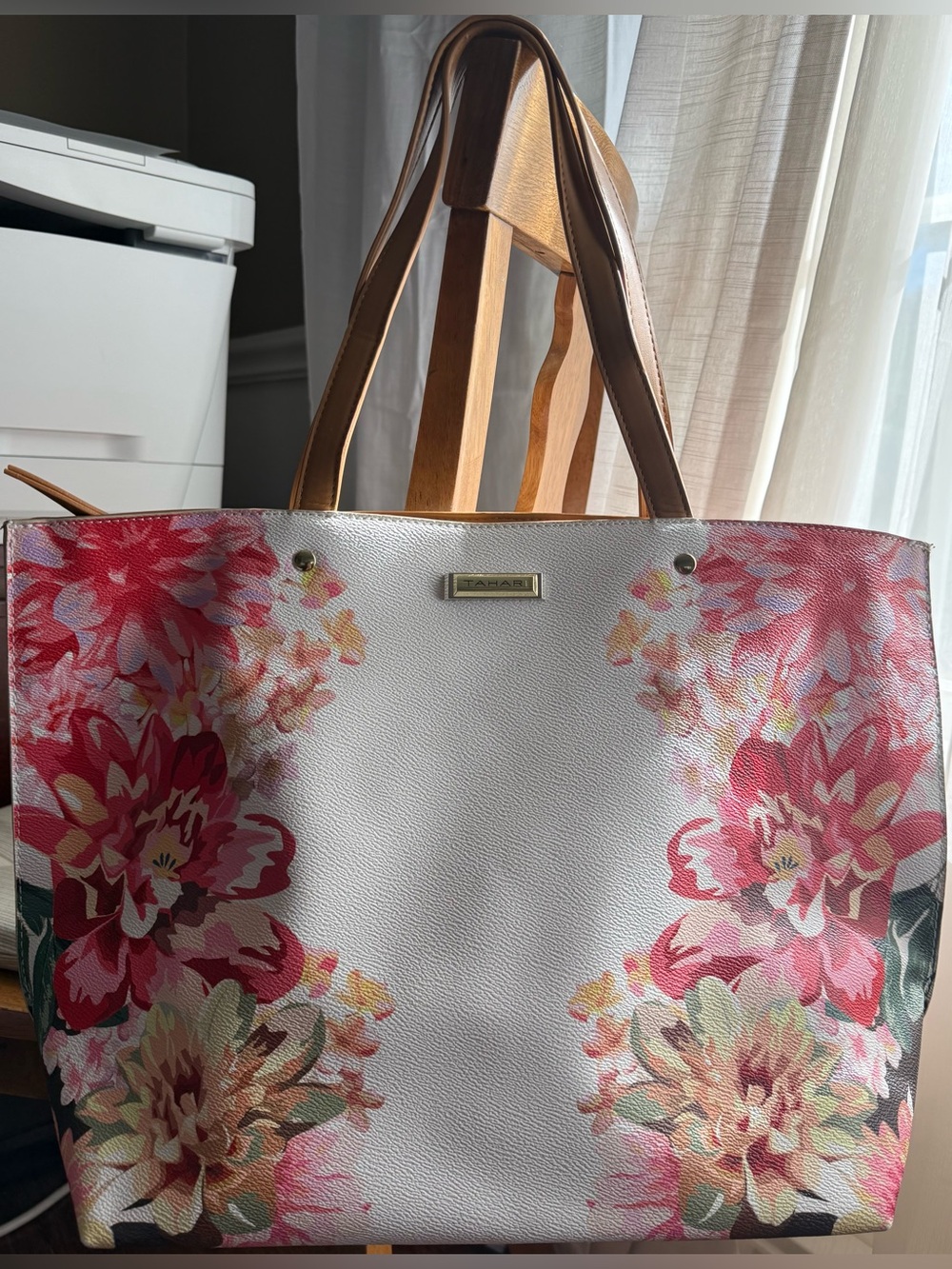 Tahari White Floral Canvas Tote with Pink Blooms and Tan Handles